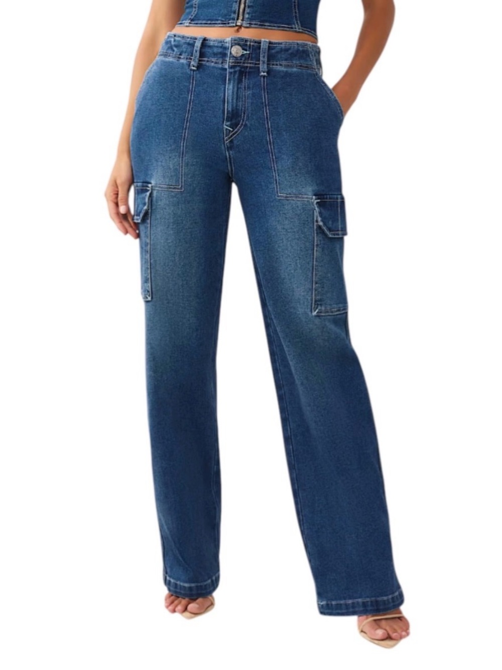 NWOT True Religion Medium Wash Denim Cargo Utility Single Needle Straight Jeans - Picture 2 of 9
